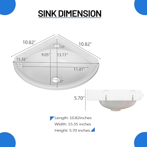 shawoo Small Bathroom Sink Wall Mount Bathroom Corner Sink, Triangular wash basin No-Drill Installation Self-Adhesive 12 x 12 Inch with 1.26 Inch Faucet Hole, Mini Rv sink Plastic Sink for Home, Dorm, Garage - Image 3