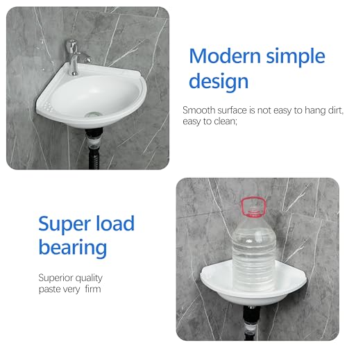 shawoo Small Bathroom Sink Wall Mount Bathroom Corner Sink, Triangular wash basin No-Drill Installation Self-Adhesive 12 x 12 Inch with 1.26 Inch Faucet Hole, Mini Rv sink Plastic Sink for Home, Dorm, Garage - Image 5