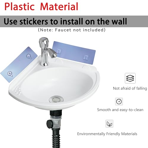 shawoo Small Bathroom Sink Wall Mount Bathroom Corner Sink, Triangular wash basin No-Drill Installation Self-Adhesive 12 x 12 Inch with 1.26 Inch Faucet Hole, Mini Rv sink Plastic Sink for Home, Dorm, Garage - Image 2