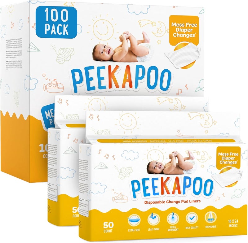 Peekapoo - The Original Disposable Baby Changing Pad Liners – 100 Pack | Super Soft, Waterproof, Ultra Absorbent | Portable, Travel-Friendly, Mess-Free Diaper Changes Anywhere - Image 1