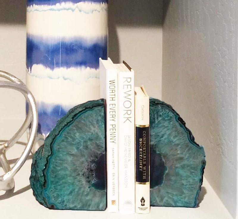 AMOYSTONE Bookends Agate Decorative Book Ends for Shelves Heavy Duty Crystal Stone Bookends Dyed Teal with Rubber Bumpers 1 Pair, 3-4 LBS - Image 2