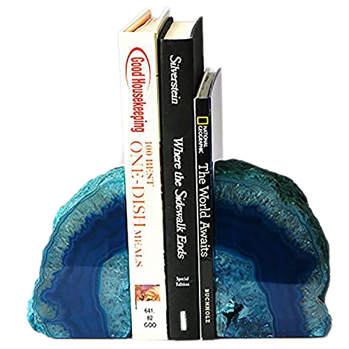 AMOYSTONE Bookends Agate Decorative Book Ends for Shelves Heavy Duty Crystal Stone Bookends Dyed Teal with Rubber Bumpers 1 Pair, 3-4 LBS - Image 4
