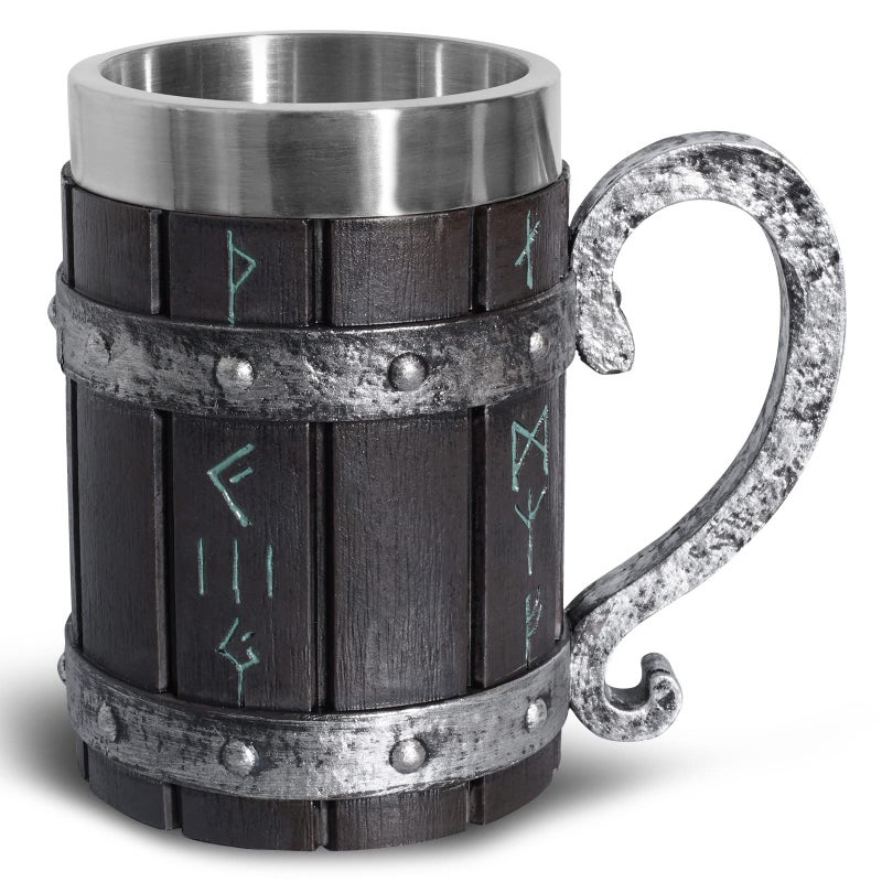 Ottalent Nordic Viking Mug Oak Wooden Beer Stein Stainless Steel Liner Nordic Mythology Viking Runes Tankard Coffee Cup For Men Fathers Day Gift 18Oz. - Image 2