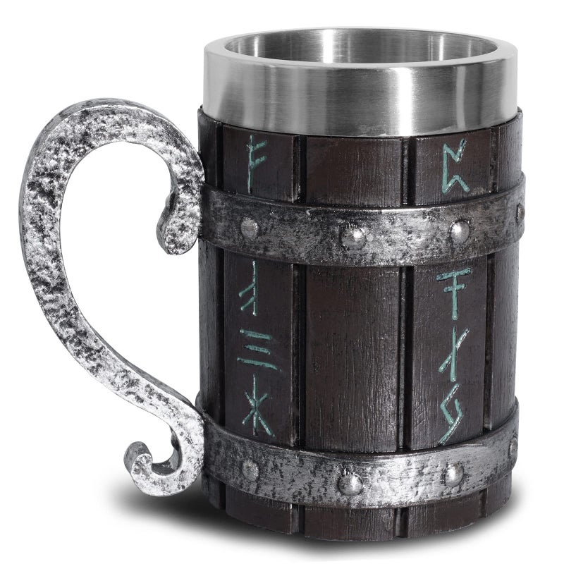 Ottalent Nordic Viking Mug Oak Wooden Beer Stein Stainless Steel Liner Nordic Mythology Viking Runes Tankard Coffee Cup For Men Fathers Day Gift 18Oz. - Image 1