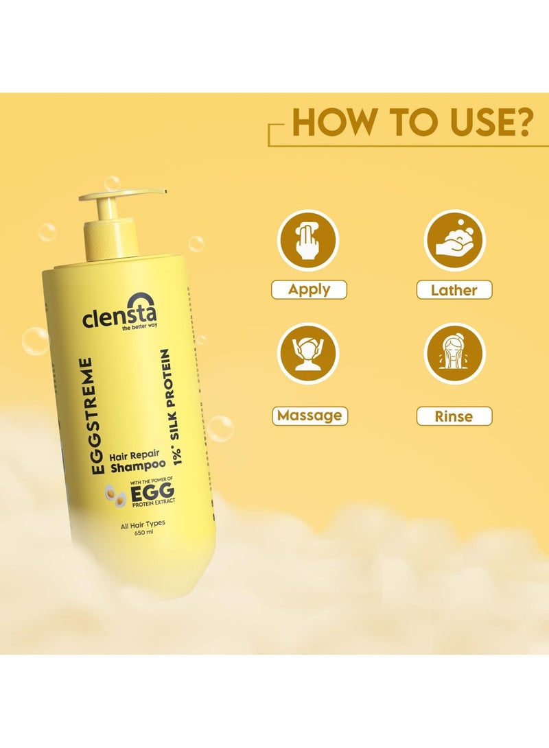 Clensta Eggstreme Hair Repair Shampoo With Egg Protein, Biotin & Hydrolyzed Silk Protein | Promotes Strengthening & Repair Damaged Hair | Sulfate & Paraben Free | For Men & Women - 650 ml - Image 5