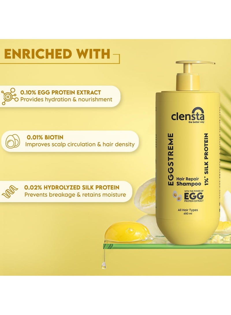 Clensta Eggstreme Hair Repair Shampoo With Egg Protein, Biotin & Hydrolyzed Silk Protein | Promotes Strengthening & Repair Damaged Hair | Sulfate & Paraben Free | For Men & Women - 650 ml - Image 4