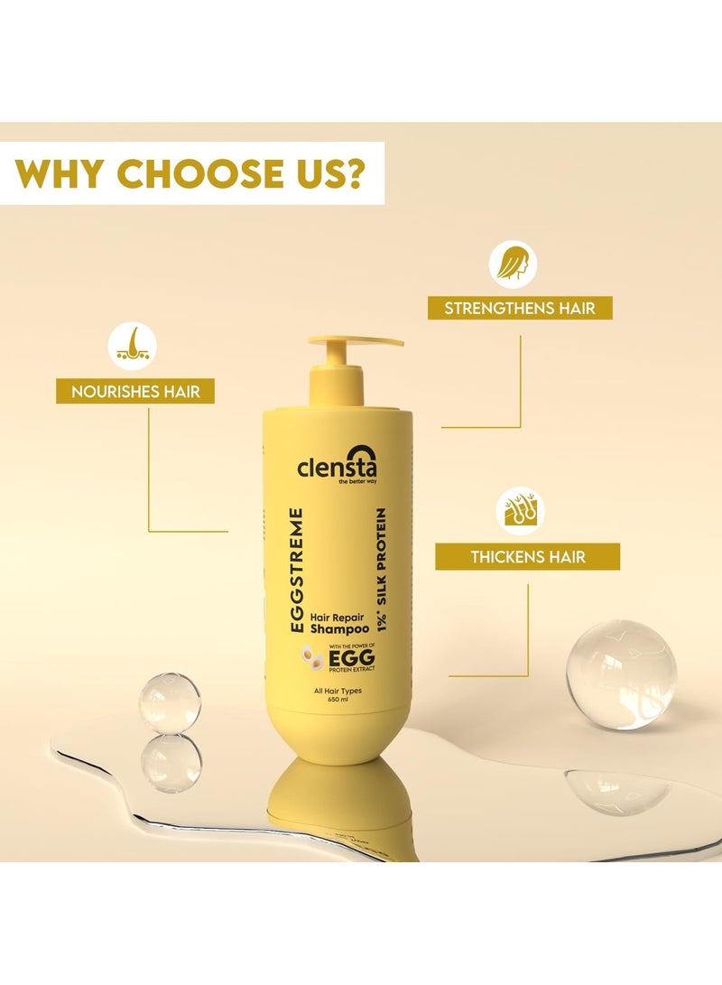 Clensta Eggstreme Hair Repair Shampoo With Egg Protein, Biotin & Hydrolyzed Silk Protein | Promotes Strengthening & Repair Damaged Hair | Sulfate & Paraben Free | For Men & Women - 650 ml - Image 3