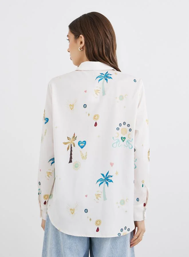 Take Two Take Two Women All-Over Print Long Sleeve Oversized Shirt