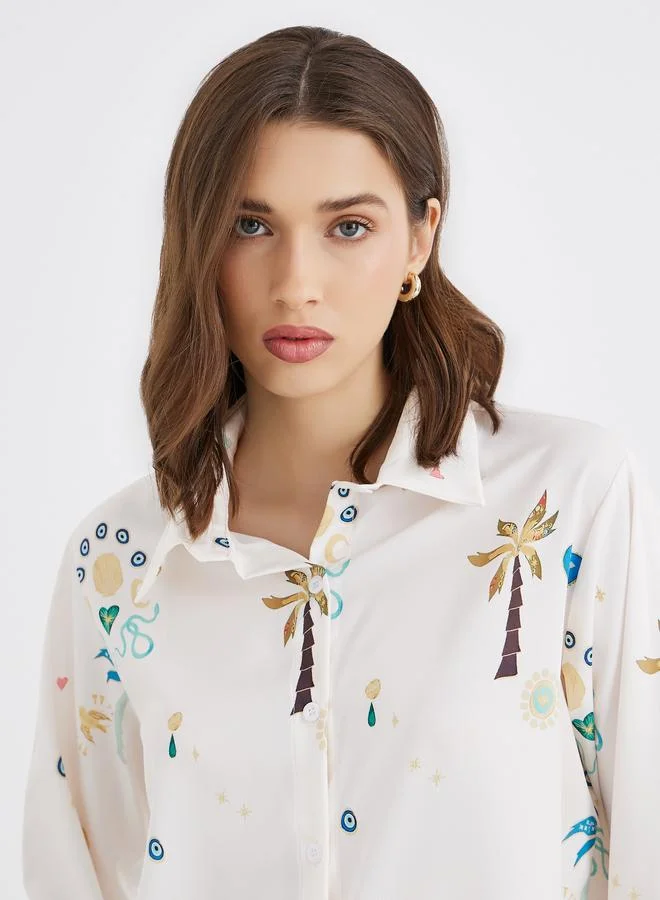 Take Two Take Two Women All-Over Print Long Sleeve Oversized Shirt