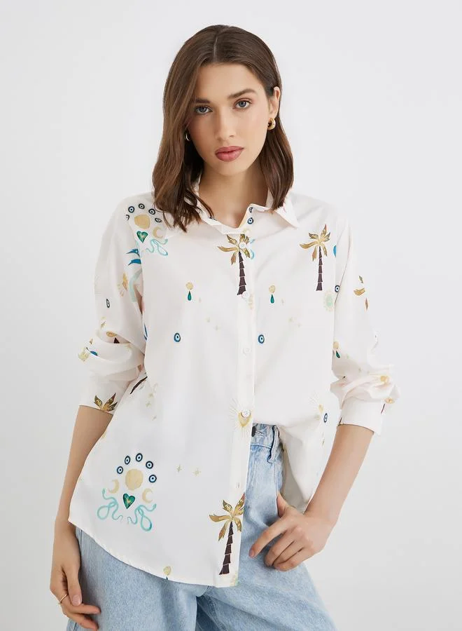 Take Two Take Two Women All-Over Print Long Sleeve Oversized Shirt