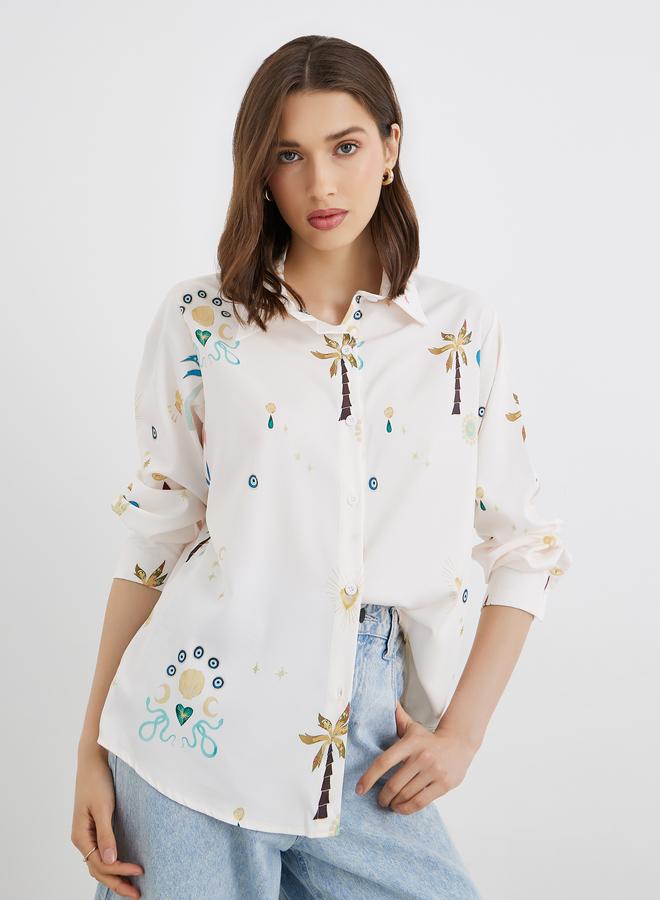 تايك تو قميص نسائي واسع بأكمام طويلة وطبعة شاملة - Image 1