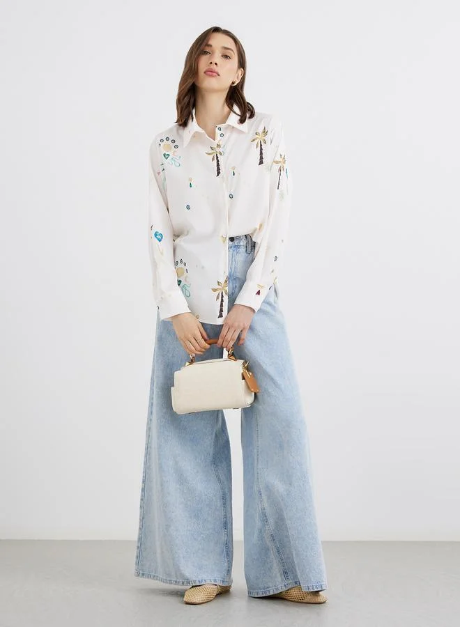 Take Two Take Two Women All-Over Print Long Sleeve Oversized Shirt