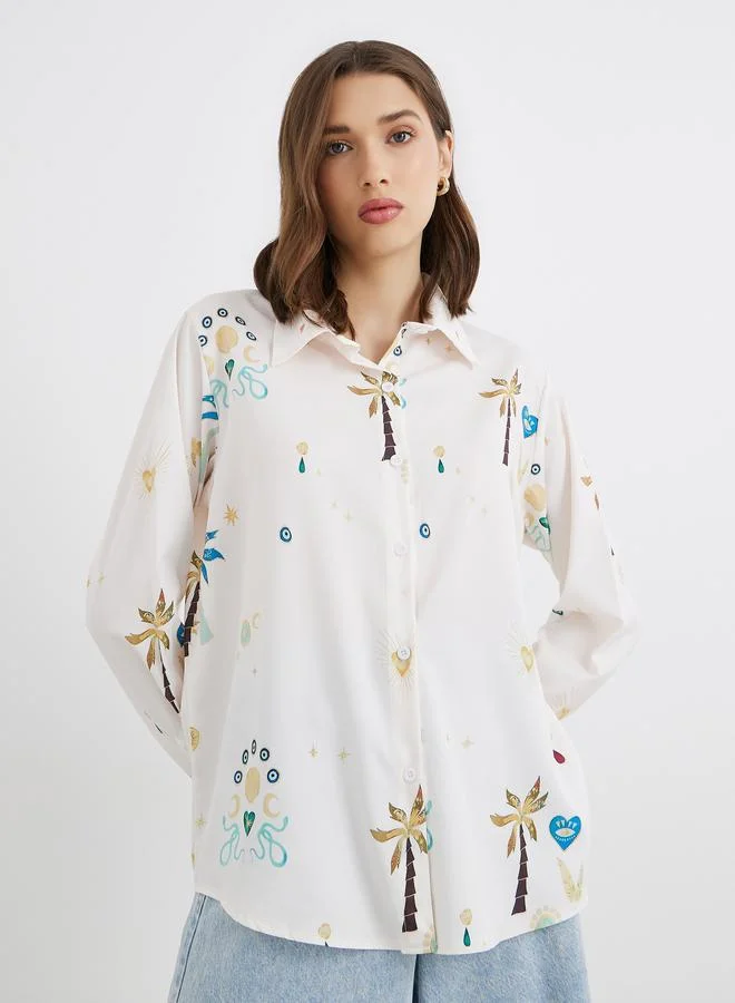 تايك تو قميص نسائي واسع بأكمام طويلة وطبعة شاملة