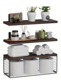 MileMelo Floating Shelves for Wall - Set of 3 Hanging Wood Shelf Rustic Wooden Shelves with Metal Brackets Hanging Shelf Wall Organizers for HomebStorage Rack Wall Mount Brown  - Image 1