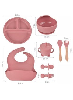 SKY-TOUCH 8 Pcs Silicone Baby Feeding Set, Baby Led Weaning Supplies with Suction Bowl Divided Plate, Self Feeding Spoons Forks Sippy Cup Adjustable Bib, for 6+ Months (Pink)  - Image 5