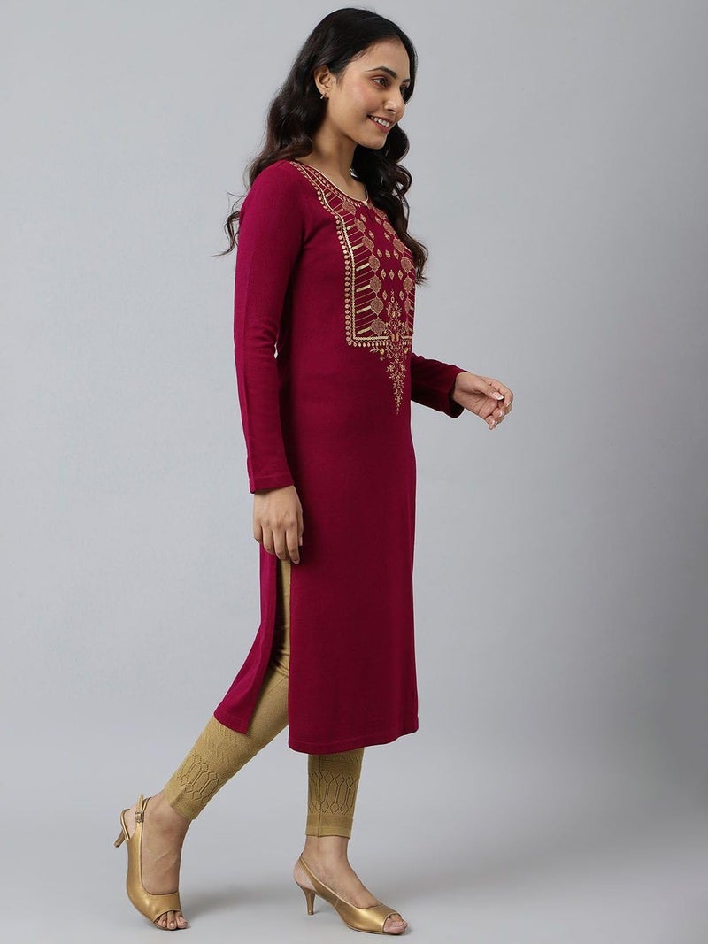 Aurelia Teal Zari Embroidered Winter Kurta (Size: S)-24NOA13713-703281 - Image 3