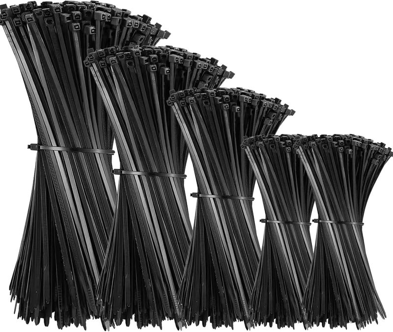 VTECHOLOGY 500Pcs Heavy Duty Industrial Zip Toes,Assorted Sizes(4”+6”+8”+12”) Black Tie Wraps,Zip Toes Tie Straps For Garden Plant Secure Vine, Home, Office Use - Image 1