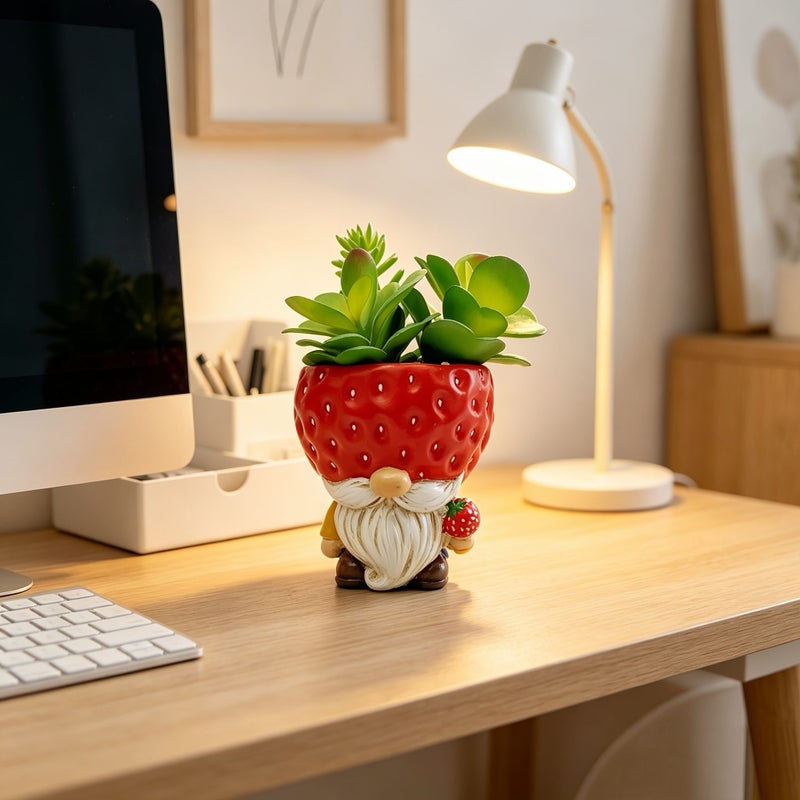 Red Strawberry Gnome Planter With Turtle Design For Succulent Plants Indoor Outdoor Garden Patio Balcony Courtyard Decoration Durable Unique Sculpture - Image 2