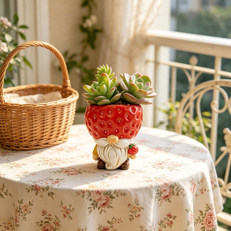 Red Strawberry Gnome Planter With Turtle Design For Succulent Plants Indoor Outdoor Garden Patio Balcony Courtyard Decoration Durable Unique Sculpture - Image 1