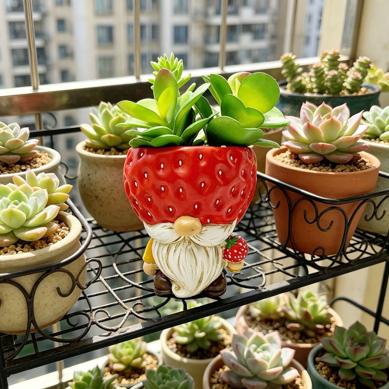 Red Strawberry Gnome Planter With Turtle Design For Succulent Plants Indoor Outdoor Garden Patio Balcony Courtyard Decoration Durable Unique Sculpture - Image 4
