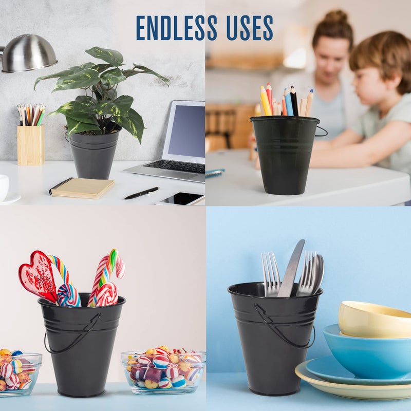 هاوسابلز Houseables دلو أسود دلو معدني أسود سطل صغير مجلفن سطل صغير حاوية قصدير معدنية شاحبة مع مقبض علب القصدير للحرف اليدوية لصالح الحفلات الحلوى زهرة ديكور صغير 5 بوصة 12pk - Image 4