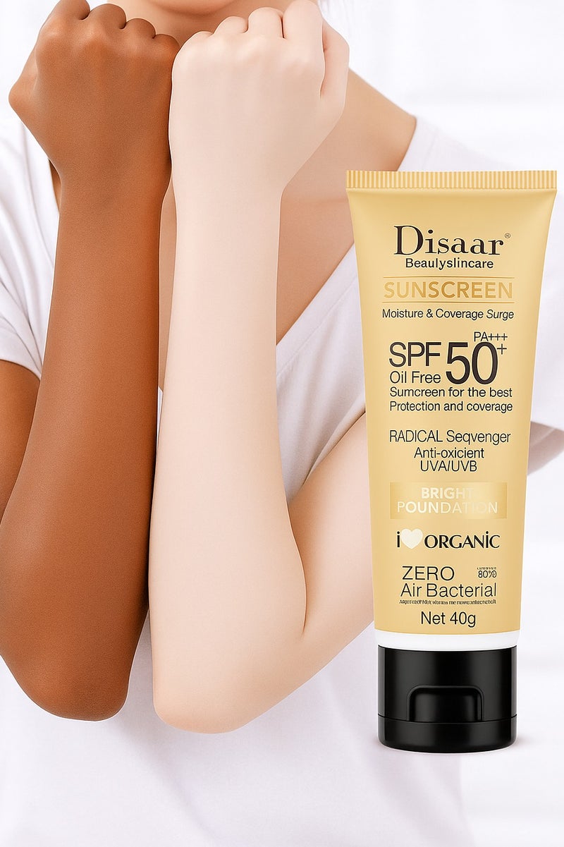 Disaar كريم واقي شمس برونزفيس تينتد فاونديشن SPF50 PA +++ 40غ واقي شمس مضيء مقاوم للماء لمسة نهائية مطفية تدوم طويلاً للوجه - Image 1