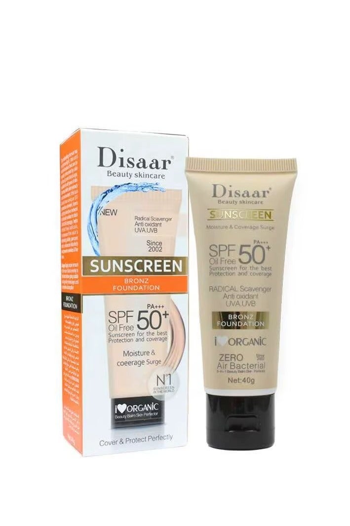 Disaar كريم واقي شمس برونزفيس تينتد فاونديشن SPF50 PA +++ 40غ واقي شمس مضيء مقاوم للماء لمسة نهائية مطفية تدوم طويلاً للوجه - Image 3