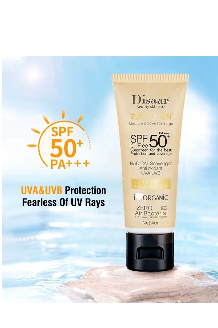 Disaar كريم واقي شمس برونزفيس تينتد فاونديشن SPF50 PA +++ 40غ واقي شمس مضيء مقاوم للماء لمسة نهائية مطفية تدوم طويلاً للوجه - Image 4
