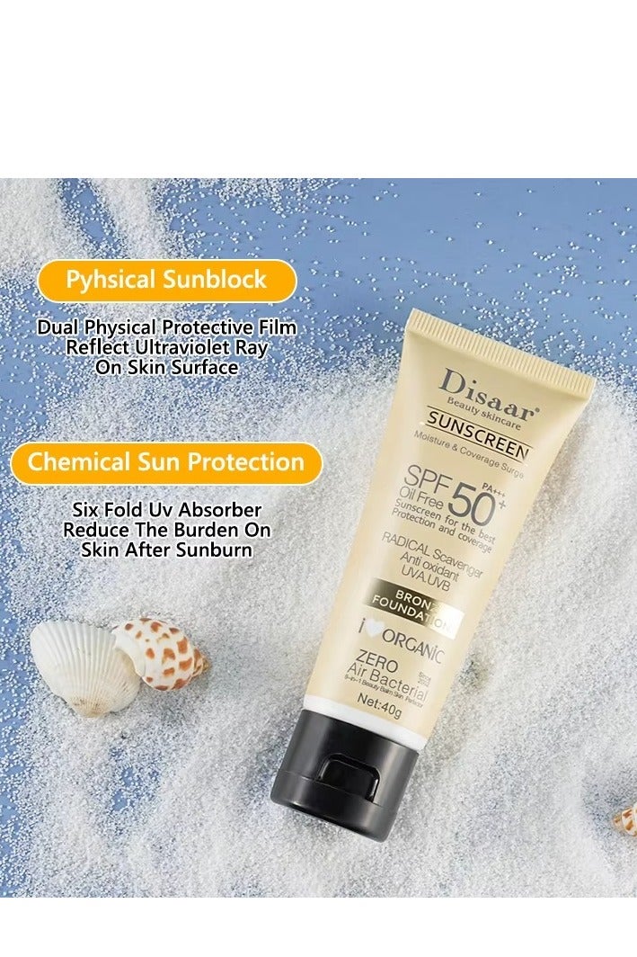 Disaar كريم واقي شمس برونزفيس تينتد فاونديشن SPF50 PA +++ 40غ واقي شمس مضيء مقاوم للماء لمسة نهائية مطفية تدوم طويلاً للوجه - Image 5