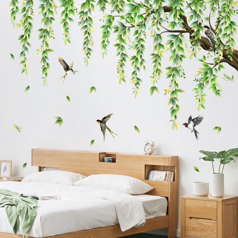 Supzone Large Green Tree Branch Wall Decals Hanging Green Vine Leaves Birds Wall Stickers for Living Room Bedroom Sofa TV Background - Image 1