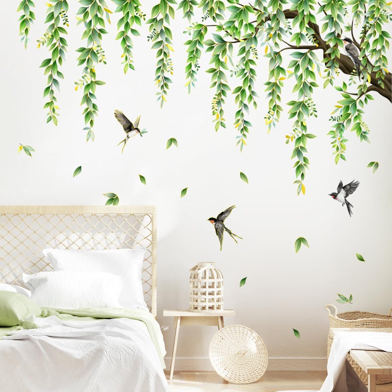 Supzone Large Green Tree Branch Wall Decals Hanging Green Vine Leaves Birds Wall Stickers for Living Room Bedroom Sofa TV Background - Image 5