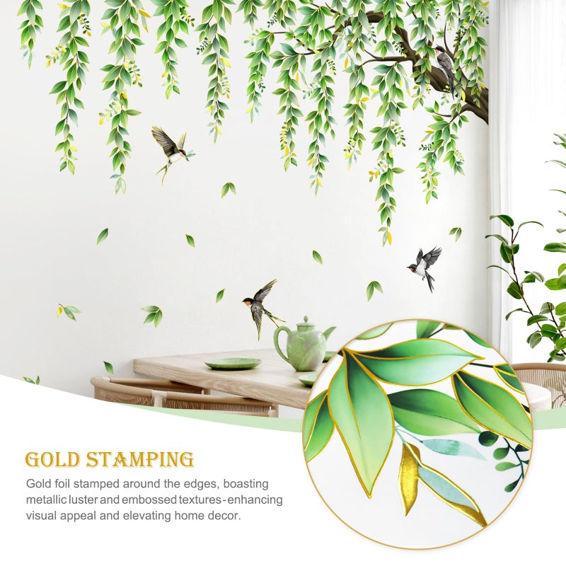 Supzone Large Green Tree Branch Wall Decals Hanging Green Vine Leaves Birds Wall Stickers for Living Room Bedroom Sofa TV Background - Image 3