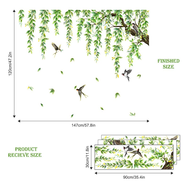 Supzone Large Green Tree Branch Wall Decals Hanging Green Vine Leaves Birds Wall Stickers for Living Room Bedroom Sofa TV Background - Image 2