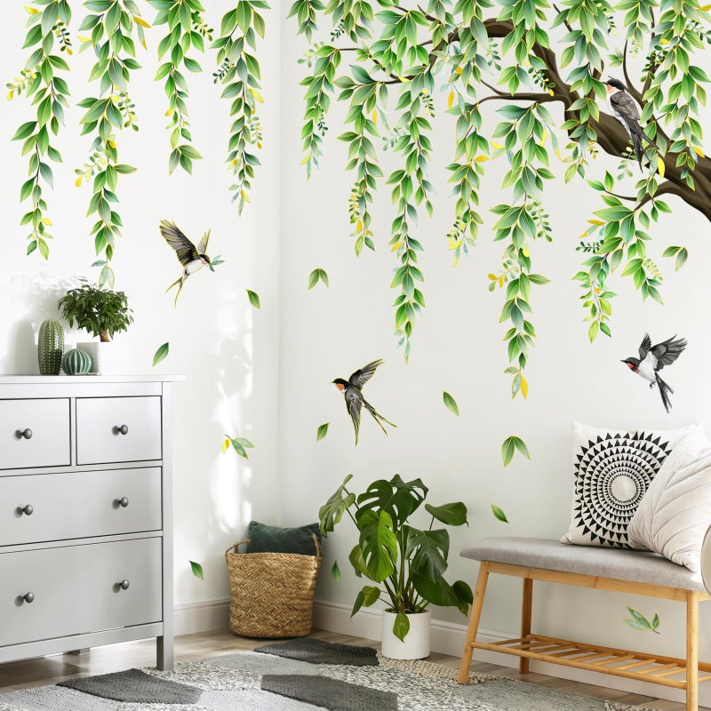Supzone Large Green Tree Branch Wall Decals Hanging Green Vine Leaves Birds Wall Stickers for Living Room Bedroom Sofa TV Background - Image 4