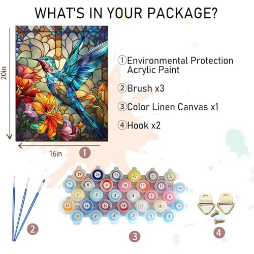 xackcme Hummingbird Paint by Numbers for Adults Stained Glass Paint by Number on Canvas Without Frame DIY Bird Oil Painting for Gift Home Wall Decor 16x20 inch - Image 3