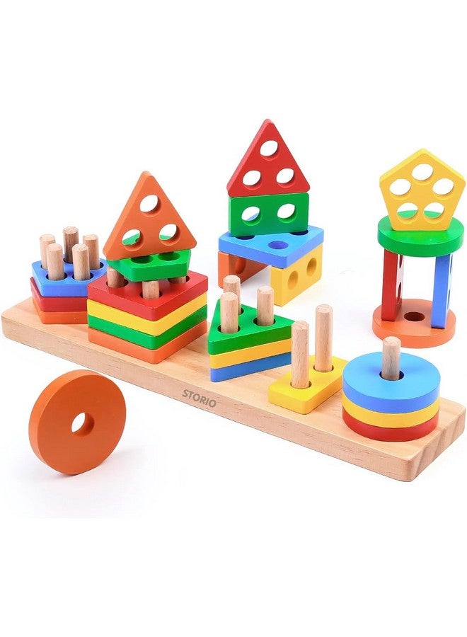 Storio Wooden Building Blocks Safe to Play Angle Geometric Shape Sorter Blocks,Sorting&Stacking Toys for Toddlers and Kids,Color Stacker Educational Learning Toy for 1 2 3 Years Old Unisex,21 Piece - Image 1