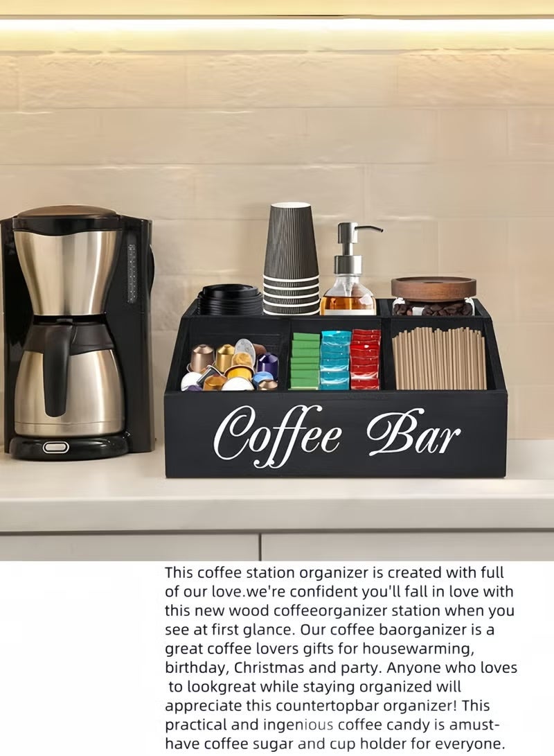 SKT Shiketro Coffee Station Organizer for Counter, Wood Coffee Pods Holder Storage Basket, Coffee and Tea Condiment Storage Organizer, Rustic Coffee Bar Decor for Coffee Accessories Organizer - Image 4