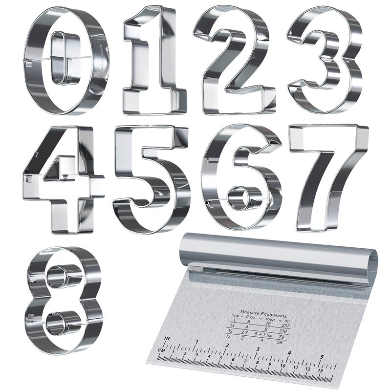 Bakerpan Stainless Steel Number Cookie Cutter Shapes Set of 9 Large 35 Inch Numbers with Bonus Dough Cutter