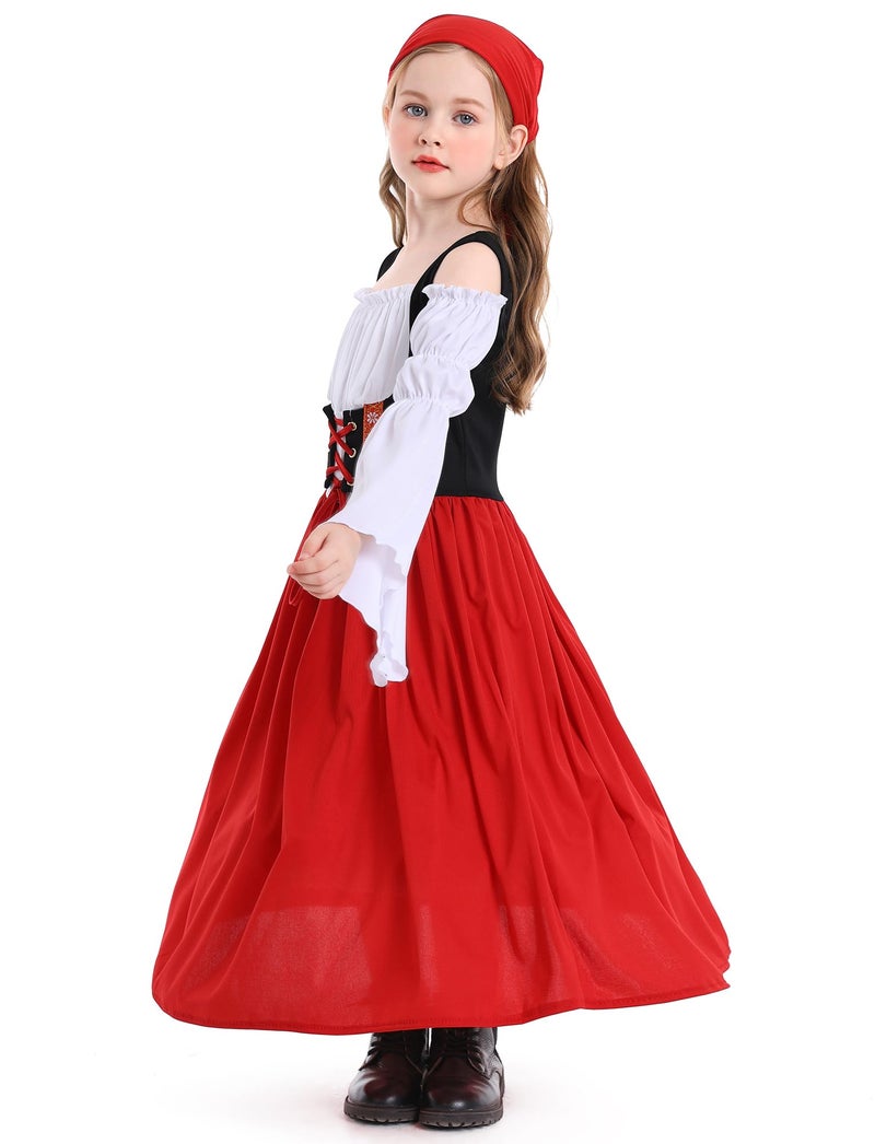 Happy Cherry Girls Renaissance Queen Dress Medieval Princess Fancy Dress Madrigal Irish Pirate Dress Gown Overdress Red 8-10 Years - Image 3