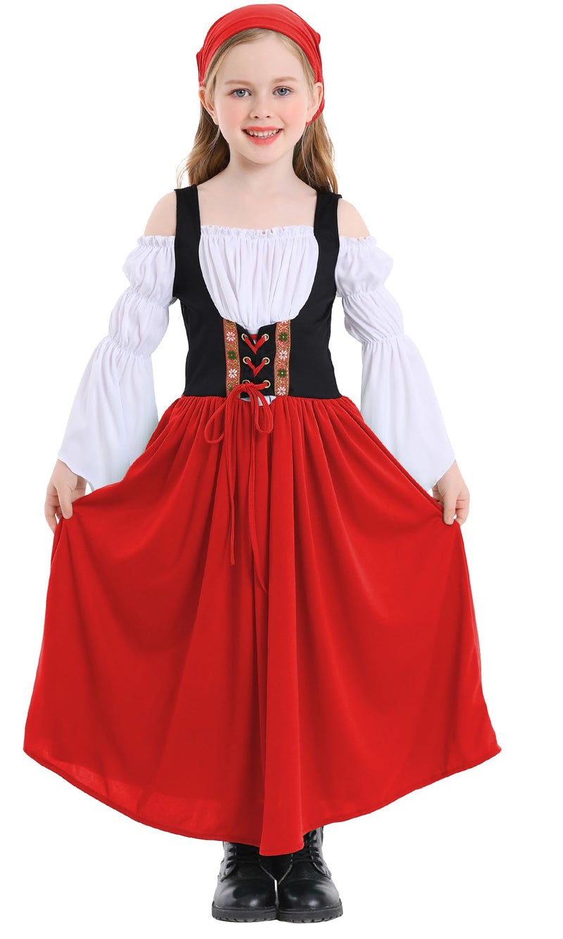 Happy Cherry Girls Renaissance Queen Dress Medieval Princess Fancy Dress Madrigal Irish Pirate Dress Gown Overdress Red 8-10 Years - Image 1