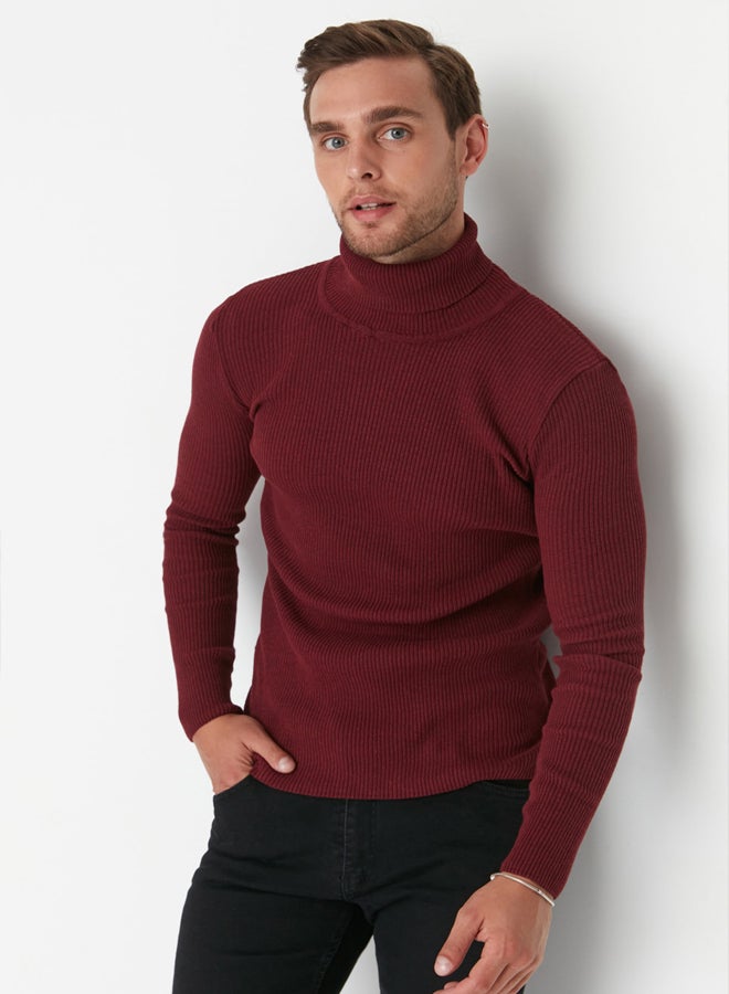 trendyol Claret Red Fitted Slim Fit Cotton Turtleneck Ribbed Knit Sweater - Image 2