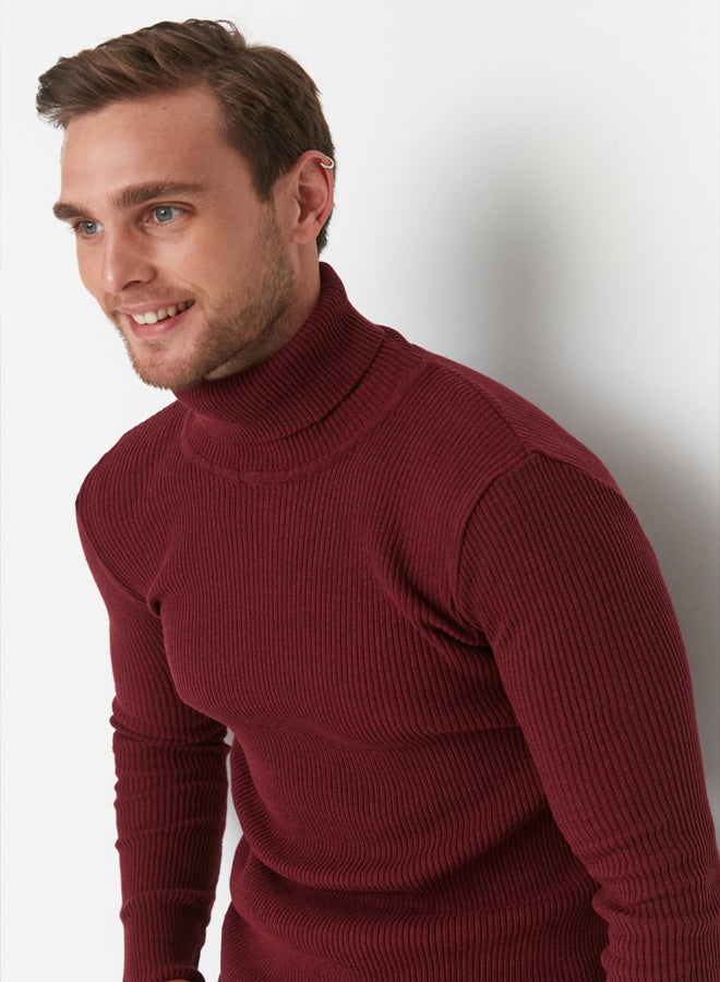 trendyol Claret Red Fitted Slim Fit Cotton Turtleneck Ribbed Knit Sweater - Image 3