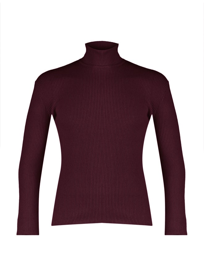 trendyol Claret Red Fitted Slim Fit Cotton Turtleneck Ribbed Knit Sweater - Image 5