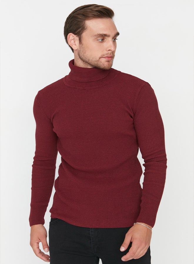 trendyol Claret Red Fitted Slim Fit Cotton Turtleneck Ribbed Knit Sweater - Image 1