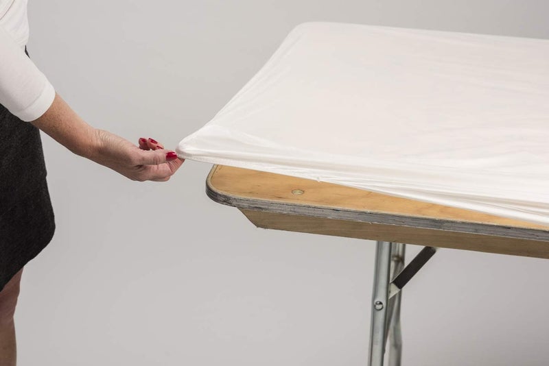 Kwik-Covers 6' Rectangle Plastic Table Covers 30" x 72", Bundle of 5 (Metallic Gold) - Image 2