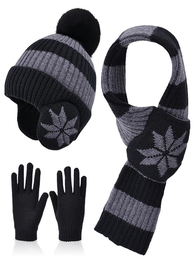 KMOLY Kids Winter Beanie Hat Scarf Gloves Set 3Pcs, 3-12Y Fleece Lined Knit Hat With Earmuffs Pom Touchscreen Gloves For Boys Girls(Black, One size) - Image 1