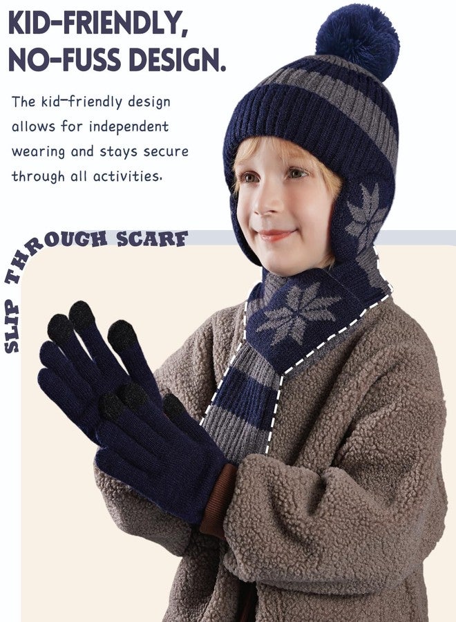 KMOLY Kids Winter Beanie Hat Scarf Gloves Set 3Pcs, 3-12Y Fleece Lined Knit Hat With Earmuffs Pom Touchscreen Gloves For Boys Girls(Black, One size) - Image 4
