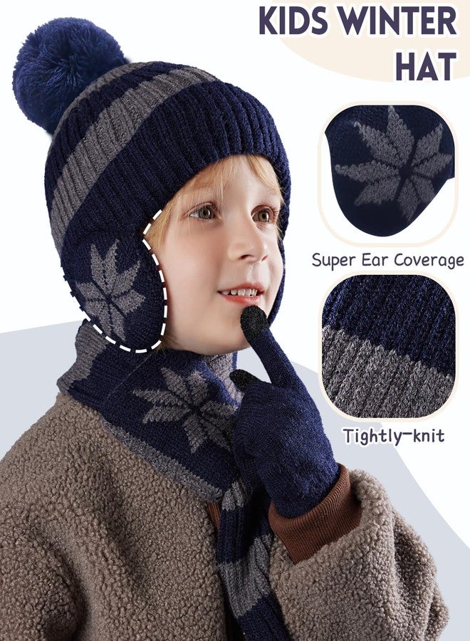 KMOLY Kids Winter Beanie Hat Scarf Gloves Set 3Pcs, 3-12Y Fleece Lined Knit Hat With Earmuffs Pom Touchscreen Gloves For Boys Girls(Black, One size) - Image 2