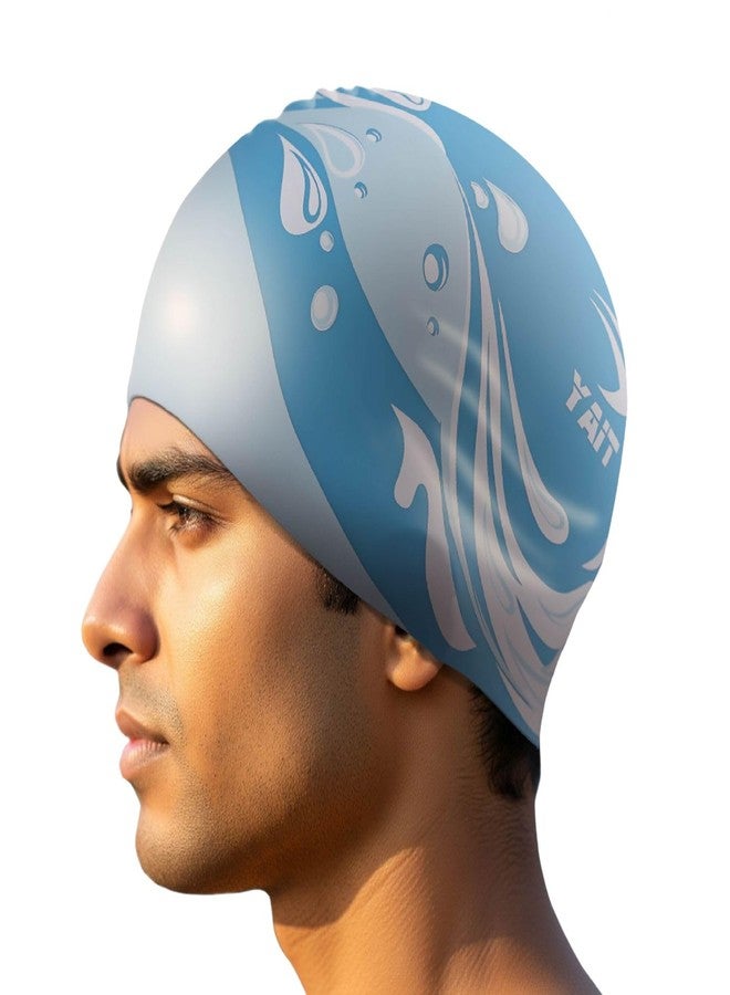 YAIT Silicone Swimming Cap for Men, Women, Kids, Unisex | Lab Tested by Experts | Ultra Soft and Stretchable | Latex-Safe, Quick-Dry, Tear-Resistant, Anti-Slip Fit | Blue Waves Stylish Design - Image 1