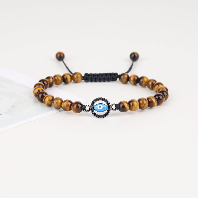 COAI Evil Eye Bracelet Brown Tiger Eye Bracelet Stone Beaded Bracelet for Men Women 7" - Image 4